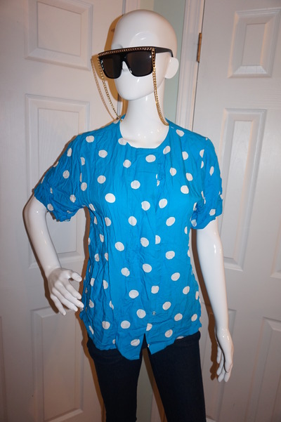 Vintage chaus blue/white polka dot top size s-m