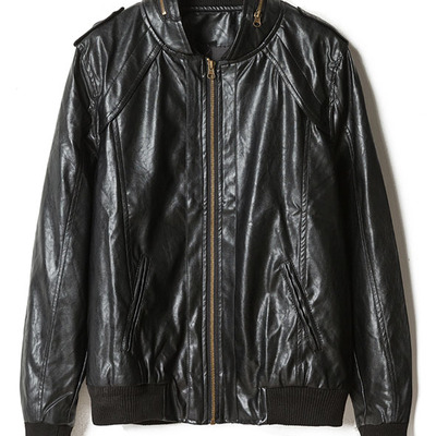 Plain v-neck long sleeve pu zipper mens jackets 011-141209004