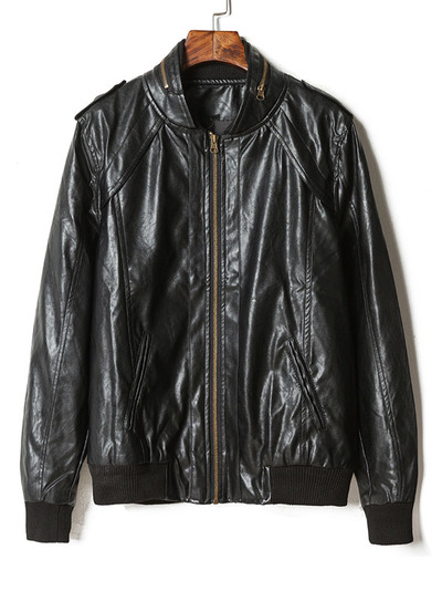 Plain v-neck long sleeve pu zipper mens jackets 011-141209004