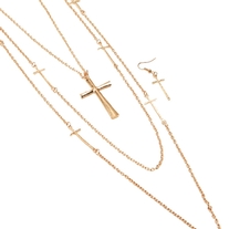 Cross Layered Necklace & Earring Set - Thumbnail 1