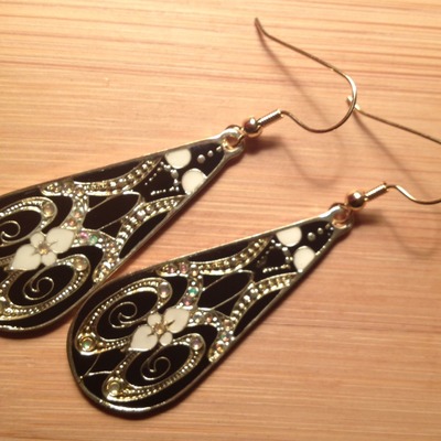 Asian style tear drop earrings-(black/gold w/multi color bling)-womens