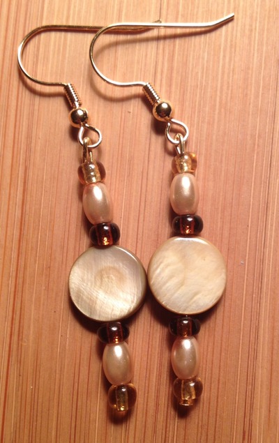 Round Tan Disk Earrings-(Tan w/Pearl n Clear Beads)-Womens