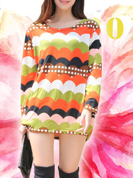 Casual Cashmere Long Sleeve O-Neck Pullover Striped Womens T-Shirts 025-141211019