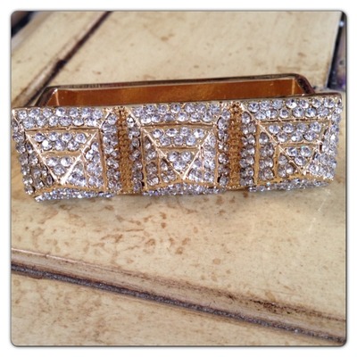 Gold Tone Triple Finger Rhinestone Pyramid Ring