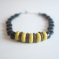 Bright Black & Yellow Vinyl Disc Beaded Necklace NL0699 - Thumbnail 1