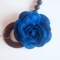 Fabric Blue Brown Big Flower Necklace, NL0765 - Thumbnail 2