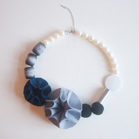 Fabric Felt Blue Gray Flower Silver Metal Bar Necklace NL0761 - Thumbnail 1