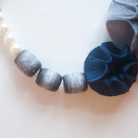 Fabric Felt Blue Gray Flower Silver Metal Bar Necklace NL0761 - Thumbnail 3