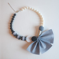 Felt Flower Grey Black Silver Statement Necklace, NL0764 - Thumbnail 1