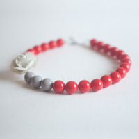 Flower Floral Red Gray Plastic Acrylic Beaded Wedding Necklace NL0732R - Thumbnail 1