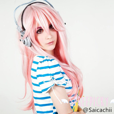 Cosplay super sonico pale pink long wig free ship sp141223 - Thumbnail 2