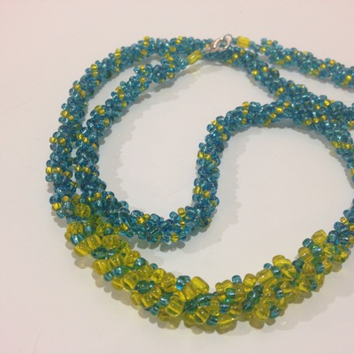 Hand woven glass beaded spiral rope - blue and yellow