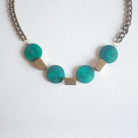 Gold Metal Green Wooden Round Disc Cirle Statement Necklace NL0758 - Thumbnail 3