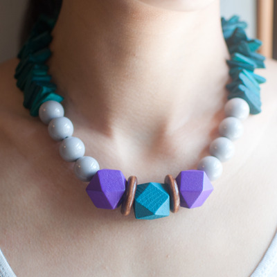 Green Purple Wood Beaded Statement Necklace NL0696