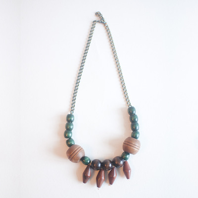 Handmade Wooden Brown Green Beaded Statement Necklace NL0574