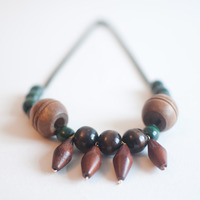 Handmade Wooden Brown Green Beaded Statement Necklace NL0574 - Thumbnail 1