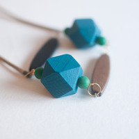 Long Leather Geometric Wooden Blue Pendent Necklace, NL0695 - Thumbnail 1