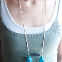 Long Leather Geometric Wooden Blue Pendent Necklace, NL0695 - Thumbnail 3