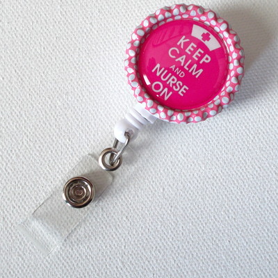 Keep calm and nurse on pink - name tag badge - cute badge reels - id badge holder - id badge reel - nurse id badge clip