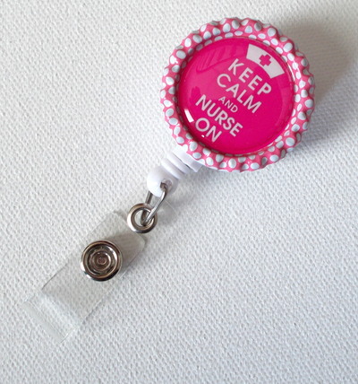 Keep calm and nurse on pink - name tag badge - cute badge reels - id badge holder - id badge reel - nurse id badge clip