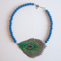 Peacock Faux Bird Feather Blue Beaded Collar Necklace NL0731 - Thumbnail 1