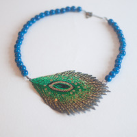 Peacock Faux Bird Feather Blue Beaded Collar Necklace NL0731 - Thumbnail 2