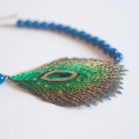 Peacock Faux Bird Feather Blue Beaded Collar Necklace NL0731 - Thumbnail 3