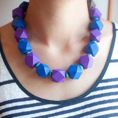 Purple blue geometric hexagon beads chunky necklace nl0662 - Thumbnail 3