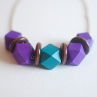 Purple Brown Wooden Geometric Beaded Necklace NL0690 - Thumbnail 2