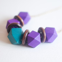 Purple Brown Wooden Geometric Beaded Necklace NL0690 - Thumbnail 3