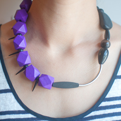 Purple silver metal chunky statement necklace, nl0664 - Thumbnail 2