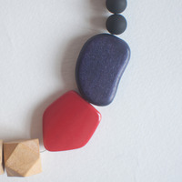 Red Black Purple Blue Wood Geometric Beaded Statement Necklace NL0759 - Thumbnail 4