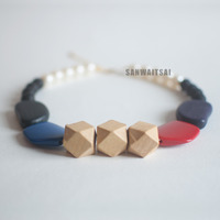 Red Black Purple Blue Wood Geometric Beaded Statement Necklace NL0759 - Thumbnail 2