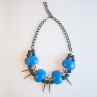 Round Rectangle Bid Blue Green Textlie Statement Necklace NL0608 - Thumbnail 1