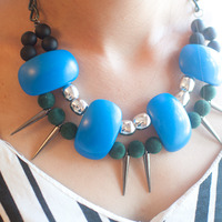Round Rectangle Bid Blue Green Textlie Statement Necklace NL0608 - Thumbnail 2
