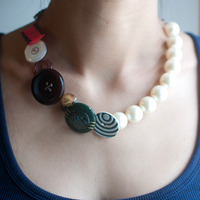 Vintage Button Coins Bucket Mixed Statement Necklace, NL0739 - Thumbnail 1