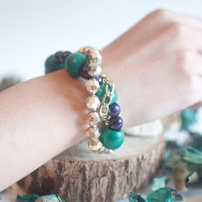 Double strand blue gold beads bracelet bl0646