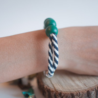 Green Wooden Cotton Silver Beaded Bracelet, BL0676 - Thumbnail 2