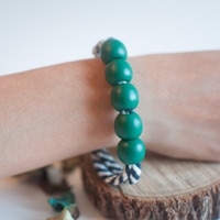 Green Wooden Cotton Silver Beaded Bracelet, BL0676 - Thumbnail 3