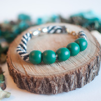 Green Wooden Cotton Silver Beaded Bracelet, BL0676 - Thumbnail 1