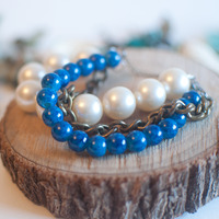 Multi Strand Blue White Glass Pearl Beaded Cuff Bracelet BL0709 - Thumbnail 1