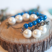 Multi Strand Blue White Glass Pearl Beaded Cuff Bracelet BL0709 - Thumbnail 2