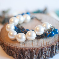 Multi Strand Blue White Glass Pearl Beaded Cuff Bracelet BL0709 - Thumbnail 3