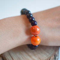 Purple Orange Green Wooden Beaded Bracelet, BL0678 - Thumbnail 2