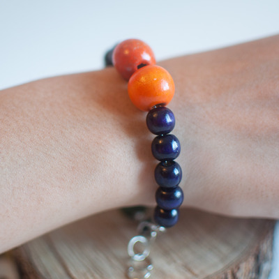 Purple orange green wooden beaded bracelet, bl0678