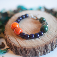 Purple Orange Green Wooden Beaded Bracelet, BL0678 - Thumbnail 1
