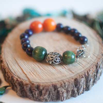 Purple Orange Green Wooden Beaded Bracelet, BL0678