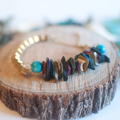 Tri Color Gold Turquoise Glass Beads Natural Stone Bead Cuff Bracelet BL0710