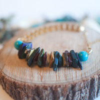 Tri Color Gold Turquoise Glass Beads Natural Stone Bead Cuff Bracelet BL0710 - Thumbnail 1