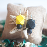 Black and Yellow Wooden Drop Earrings ER0635 - Thumbnail 1